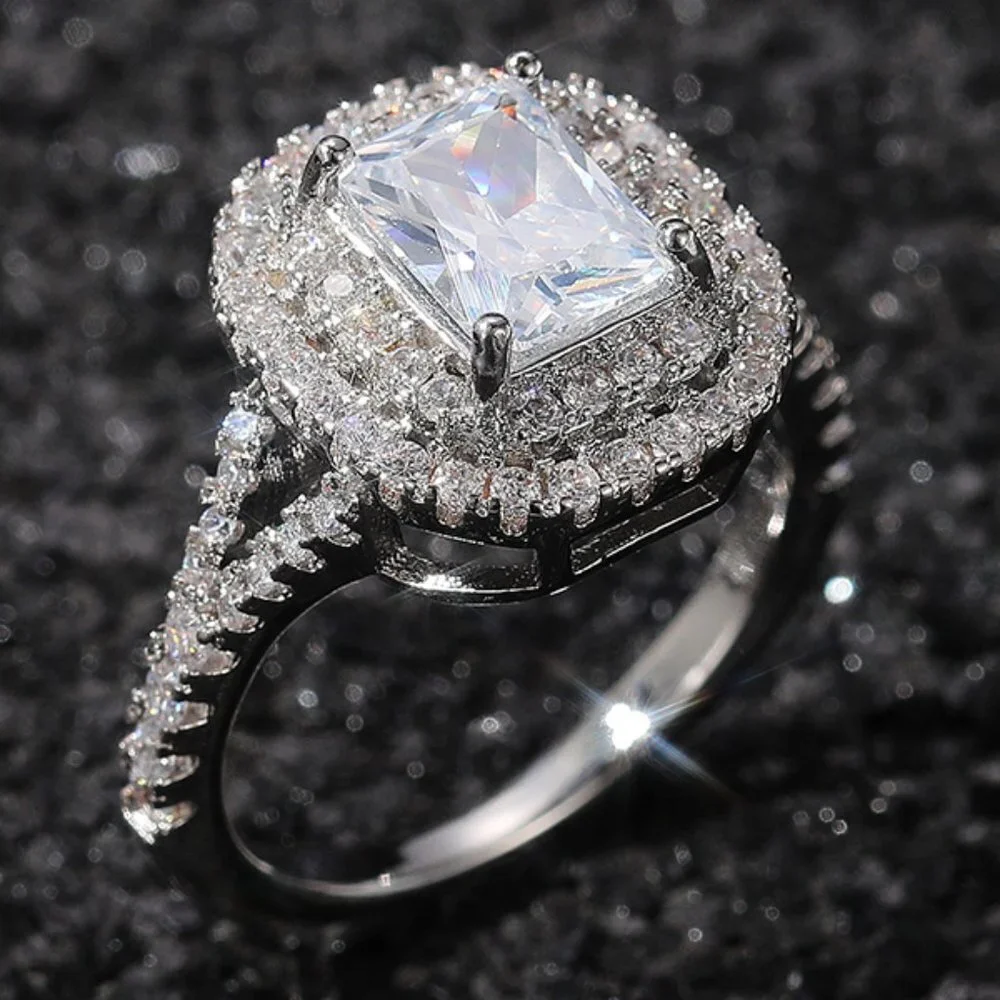 😍DOUBLE LAYER 14K WHITE GOLD RADIANT CUT PURE CZ LUXURY WEDDING RING, K856